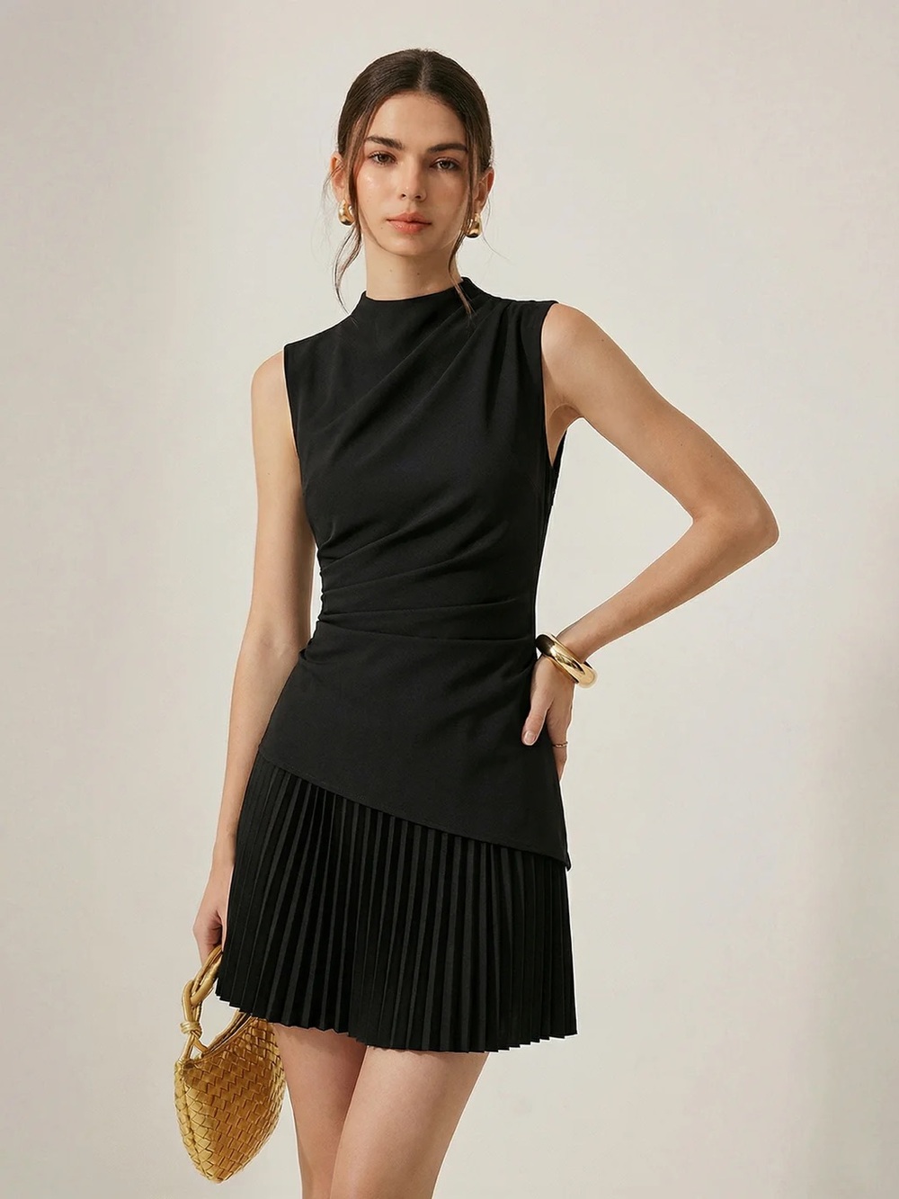 90 Sleeveless Asymmetrical Pleated Mini Dress